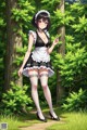 A woman in a maid outfit standing in the woods.