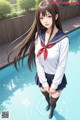 A girl in a school uniform standing next to a pool.