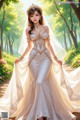 A woman in a wedding dress standing in a forest.