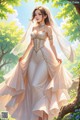 A woman in a wedding dress standing in a forest.