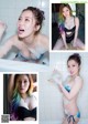 A collage of photos of a woman in a bathtub.