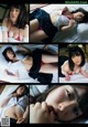 A collage of photos of a woman laying on a bed.