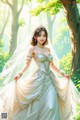 A woman in a wedding dress standing in the woods.