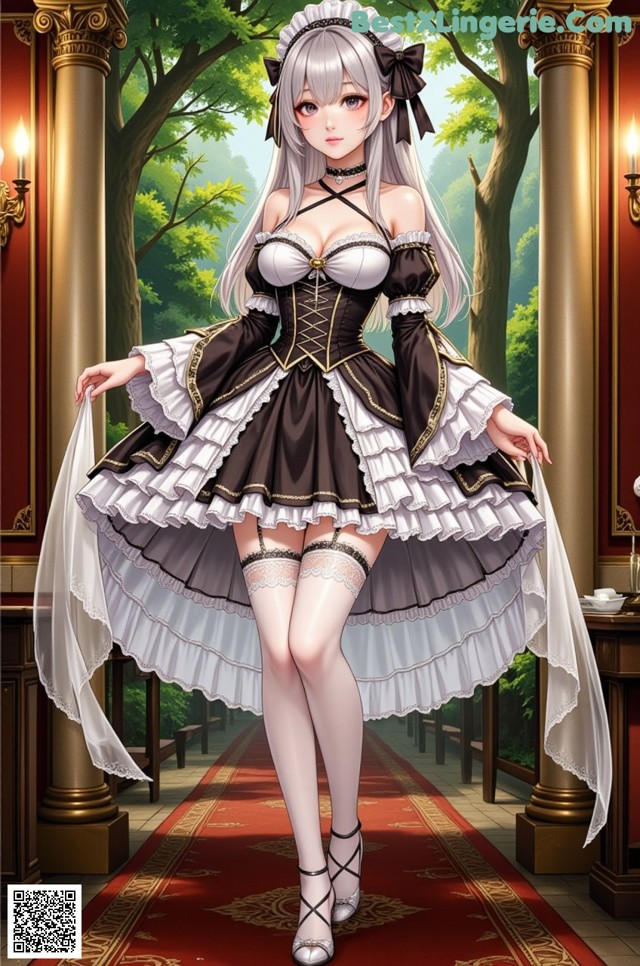 A woman in a maid outfit standing on a red carpet.