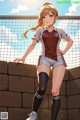 A girl in a soccer uniform leaning against a wall.